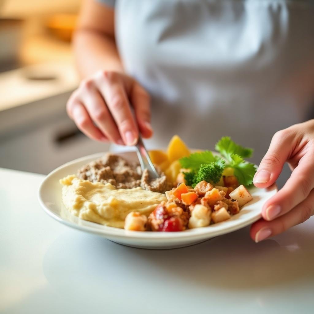 Prato com alimentos em consistências adaptadas para disfagia